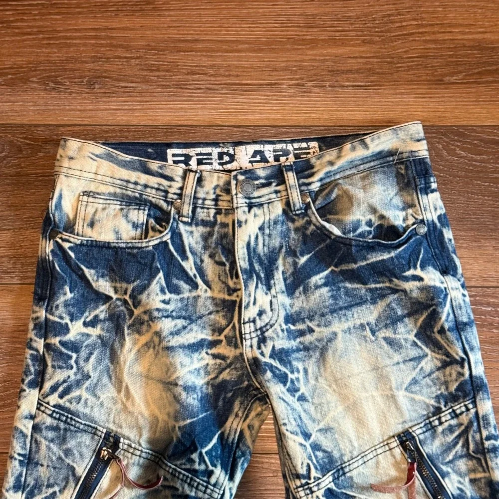 Red Ape Vintage Mens Acid Wash Moto Jeans Crinkle Zipper Detail Streetwear 32x30